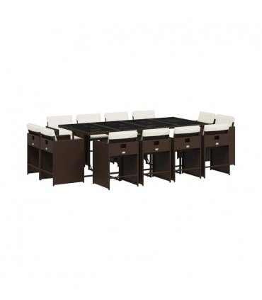 vidaXL 13 Piece Garden Dining Set with Cushions Brown Poly Rattan — V0672218713