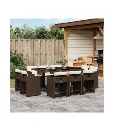 vidaXL 11 Piece Garden Dining Set with Cushions Brown Poly Rattan — V0672218717