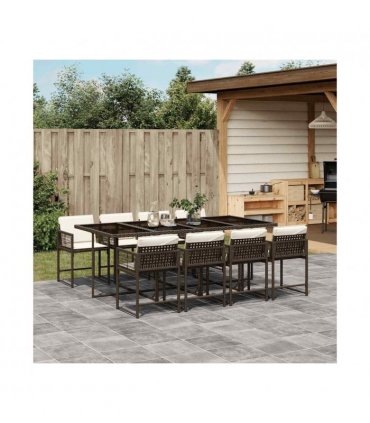 vidaXL 9 Piece Garden Dining Set with Cushions Brown Poly Rattan — Colour: brown and cream — V0672218808