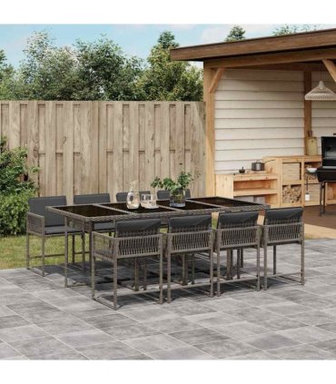 vidaXL 9 Piece Garden Dining Set with Cushions Grey Poly Rattan — V0672218815