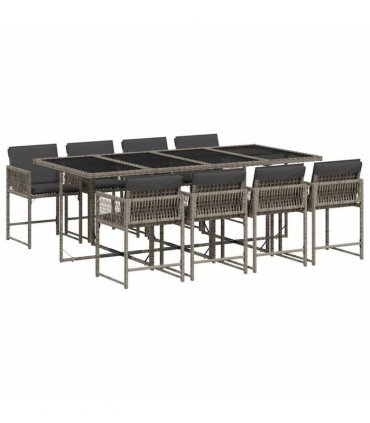 vidaXL 9 Piece Garden Dining Set with Cushions Grey Poly Rattan — V0672218815