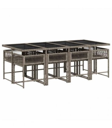vidaXL 9 Piece Garden Dining Set with Cushions Grey Poly Rattan — V0672218815