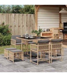 vidaXL 9 Piece Garden Dining Set with Cushions Mix Beige Poly Rattan — V0672218824