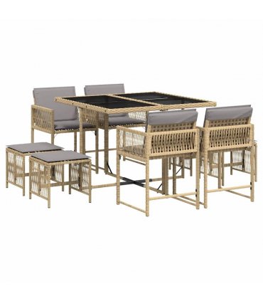 vidaXL 9 Piece Garden Dining Set with Cushions Mix Beige Poly Rattan — V0672218824