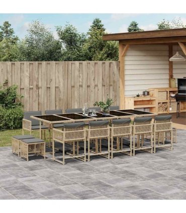 vidaXL 15 Piece Garden Dining Set with Cushions Mix Beige Poly Rattan — V0672218841