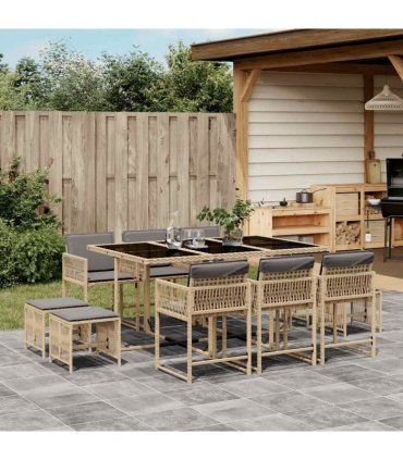 vidaXL 11 Piece Garden Dining Set with Cushions Mix Beige Poly Rattan — V0672218852