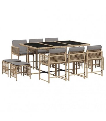 vidaXL 11 Piece Garden Dining Set with Cushions Mix Beige Poly Rattan — V0672218852