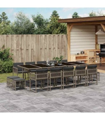 vidaXL 15 Piece Garden Dining Set with Cushions Grey Poly Rattan — V0672218858