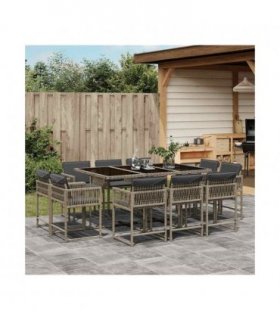 vidaXL 11 Piece Garden Dining Set with Cushions Grey Poly Rattan — V0672218863