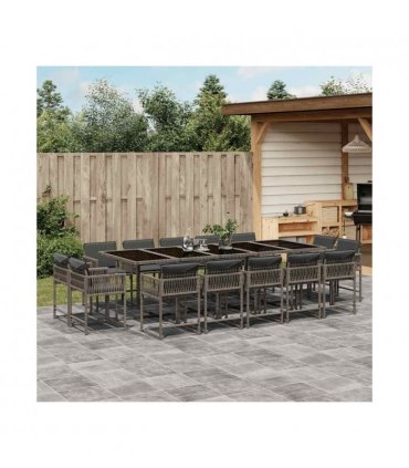 vidaXL 15 Piece Garden Dining Set with Cushions Grey Poly Rattan — V0672218867