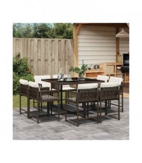 vidaXL 9 Piece Garden Dining Set with Cushions Brown Poly Rattan — V0672218886