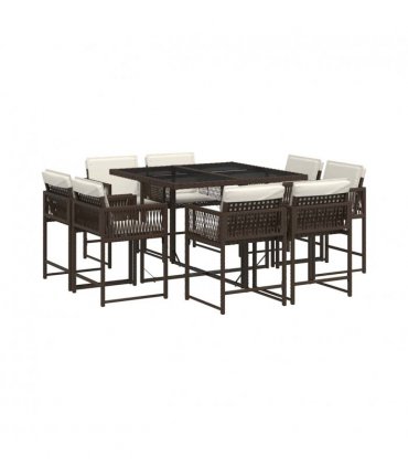 vidaXL 9 Piece Garden Dining Set with Cushions Brown Poly Rattan — V0672218886