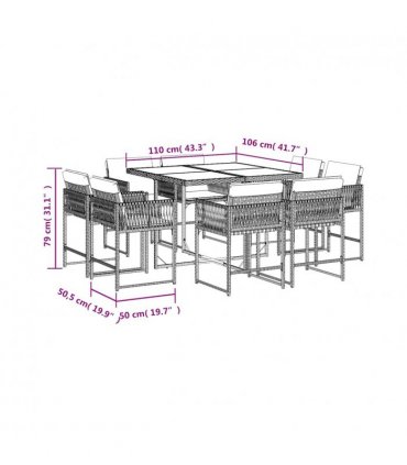 vidaXL 9 Piece Garden Dining Set with Cushions Brown Poly Rattan — V0672218886