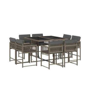 vidaXL 9 Piece Garden Dining Set with Cushions Grey Poly Rattan — V0672218892