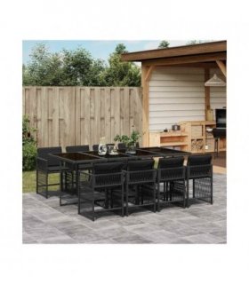 vidaXL 9 Piece Garden Dining Set with Cushions Black Poly Rattan — V0672218899