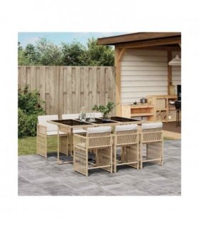 vidaXL 7 Piece Garden Dining Set with Cushions Beige Poly Rattan