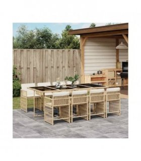 vidaXL 9 Piece Garden Dining Set with Cushions Beige Poly Rattan — V0672218901