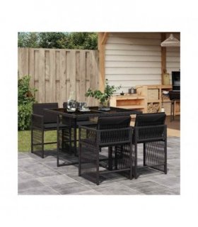 vidaXL 5 Piece Garden Dining Set with Cushions Black Poly Rattan — V0672218916