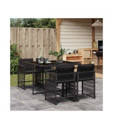vidaXL 5 Piece Garden Dining Set with Cushions Black Poly Rattan — V0672218916