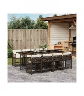 vidaXL 9 Piece Garden Dining Set with Cushions Brown Poly Rattan — V0672218925