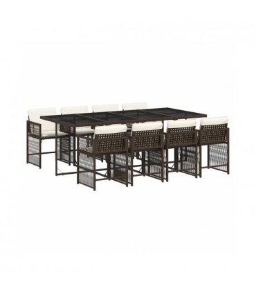 vidaXL 9 Piece Garden Dining Set with Cushions Brown Poly Rattan — V0672218925
