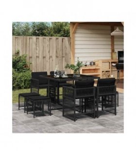 vidaXL 9 Piece Garden Dining Set with Cushions Black Poly Rattan — V0672218932