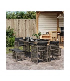 vidaXL 9 Piece Garden Dining Set with Cushions Grey Poly Rattan — V0672218936