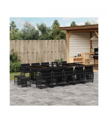 vidaXL 15 Piece Garden Dining Set with Cushions Black Poly Rattan — V0672218944