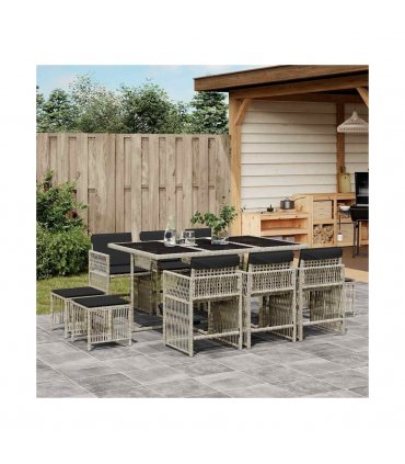 vidaXL 11 Piece Garden Dining Set with Cushions Light Grey Poly Rattan — V0672218945