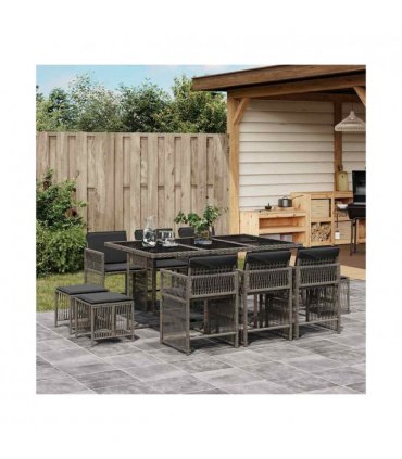 vidaXL 11 Piece Garden Dining Set with Cushions Grey Poly Rattan — V0672218950