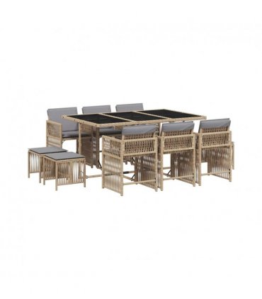 vidaXL 11 Piece Garden Dining Set with Cushions Mix Beige Poly Rattan — V0672218951