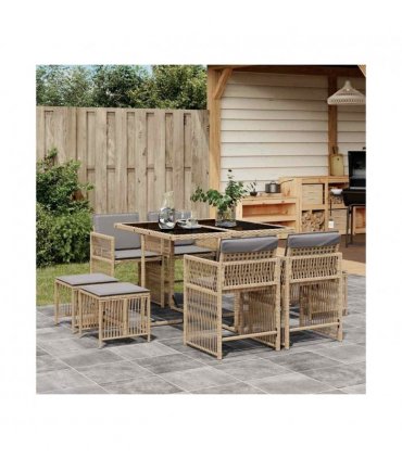 vidaXL 9 Piece Garden Dining Set with Cushions Mix Beige Poly Rattan — V0672218954