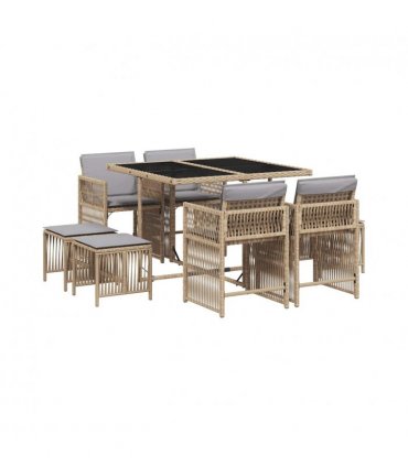 vidaXL 9 Piece Garden Dining Set with Cushions Mix Beige Poly Rattan — V0672218954