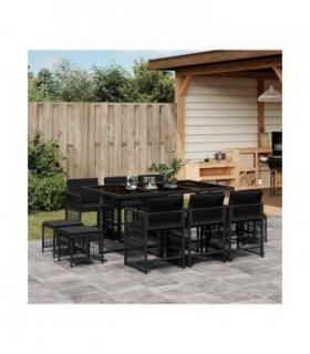 vidaXL 11 Piece Garden Dining Set with Cushions Black Poly Rattan — V0672218963