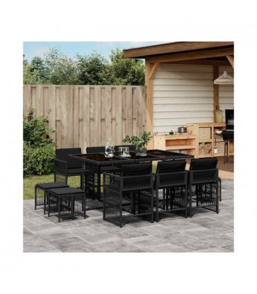 vidaXL 11 Piece Garden Dining Set with Cushions Black Poly Rattan — V0672218963