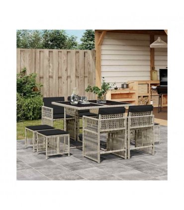 vidaXL 9 Piece Garden Dining Set with Cushions Light Grey Poly Rattan — V0672218964