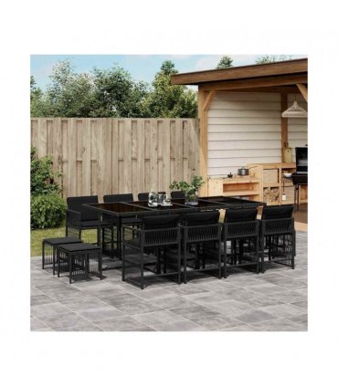 vidaXL 13 Piece Garden Dining Set with Cushions Black Poly Rattan — V0672218965