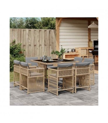 vidaXL 9 Piece Garden Dining Set with Cushions Mix Beige Poly Rattan — V0672218968