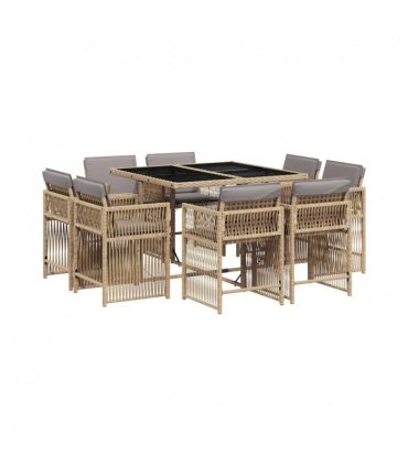 vidaXL 9 Piece Garden Dining Set with Cushions Mix Beige Poly Rattan — V0672218968