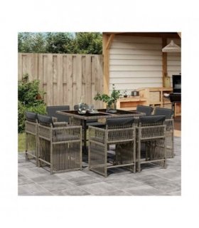 vidaXL 9 Piece Garden Dining Set with Cushions Grey Poly Rattan — V0672218969