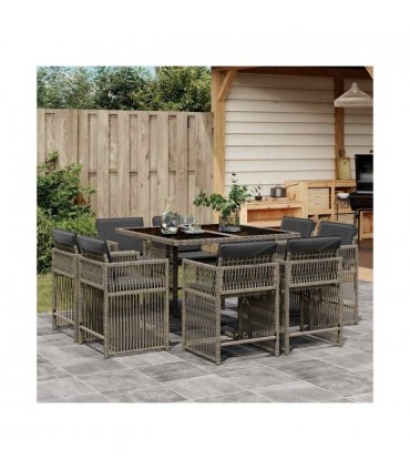 vidaXL 9 Piece Garden Dining Set with Cushions Grey Poly Rattan — V0672218969