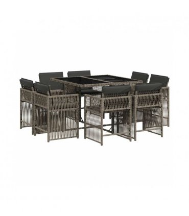 vidaXL 9 Piece Garden Dining Set with Cushions Grey Poly Rattan — V0672218969