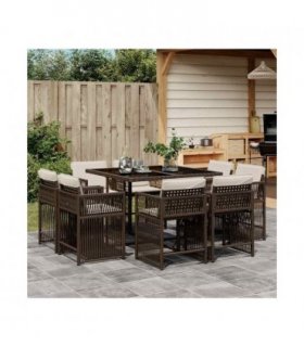 vidaXL 9 Piece Garden Dining Set with Cushions Brown Poly Rattan — V0672218972