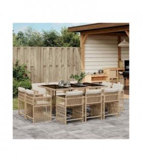 vidaXL 11 Piece Garden Dining Set with Cushions Beige Poly Rattan — V0672218973