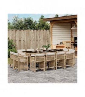 vidaXL 13 Piece Garden Dining Set with Cushions Beige Poly Rattan — V0672218974