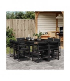 vidaXL 9 Piece Garden Dining Set with Cushions Black Poly Rattan — V0672218976