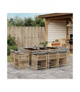 vidaXL 11 Piece Garden Dining Set with Cushions Mix Beige Poly Rattan — V0672218981