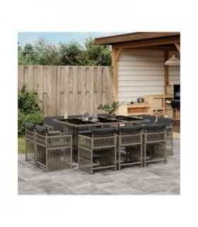 vidaXL 11 Piece Garden Dining Set with Cushions Grey Poly Rattan — V0672218985