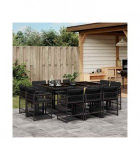vidaXL 11 Piece Garden Dining Set with Cushions Black Poly Rattan — V0672218987