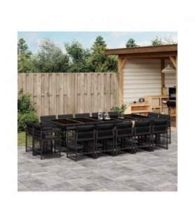 vidaXL 15 Piece Garden Dining Set with Cushions Black Poly Rattan — V0672218988